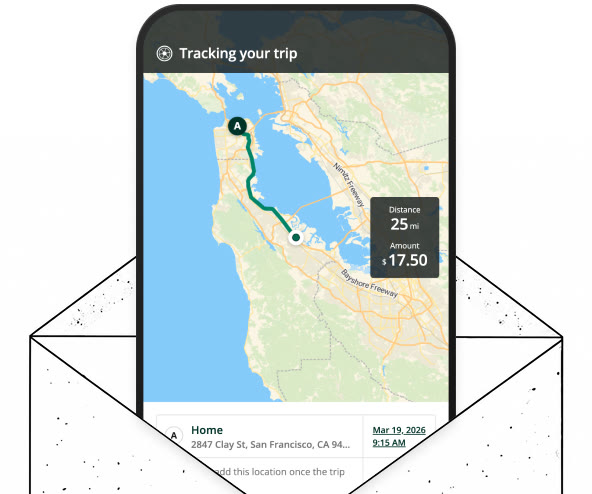 A phone showing a tracked trip in the Driversnote app, lifting out of a gift envelope.